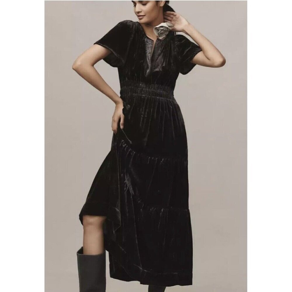 Anthropologie Somerset Dress Dark Gray‎ Maxi Velvet Edition Sz XS Petite NEW XSP